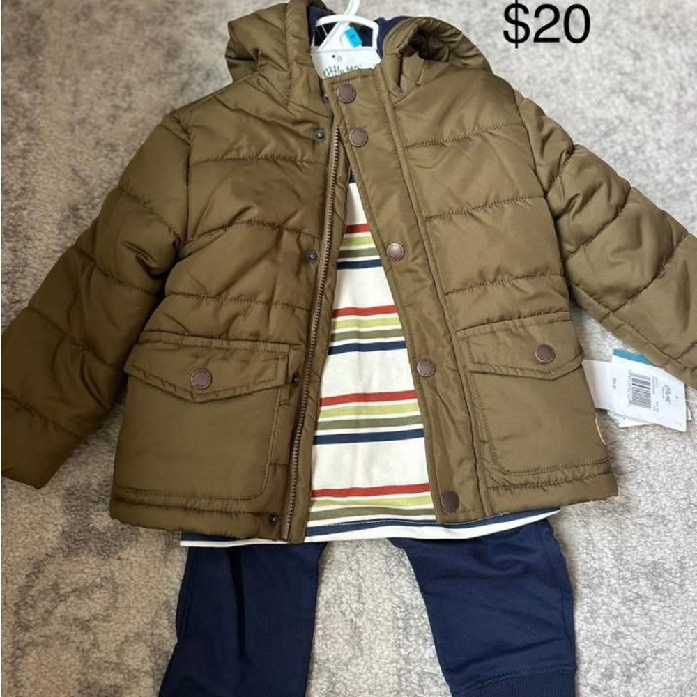 Little Me Brown Jacket with Striped Shirt and Navy Pants